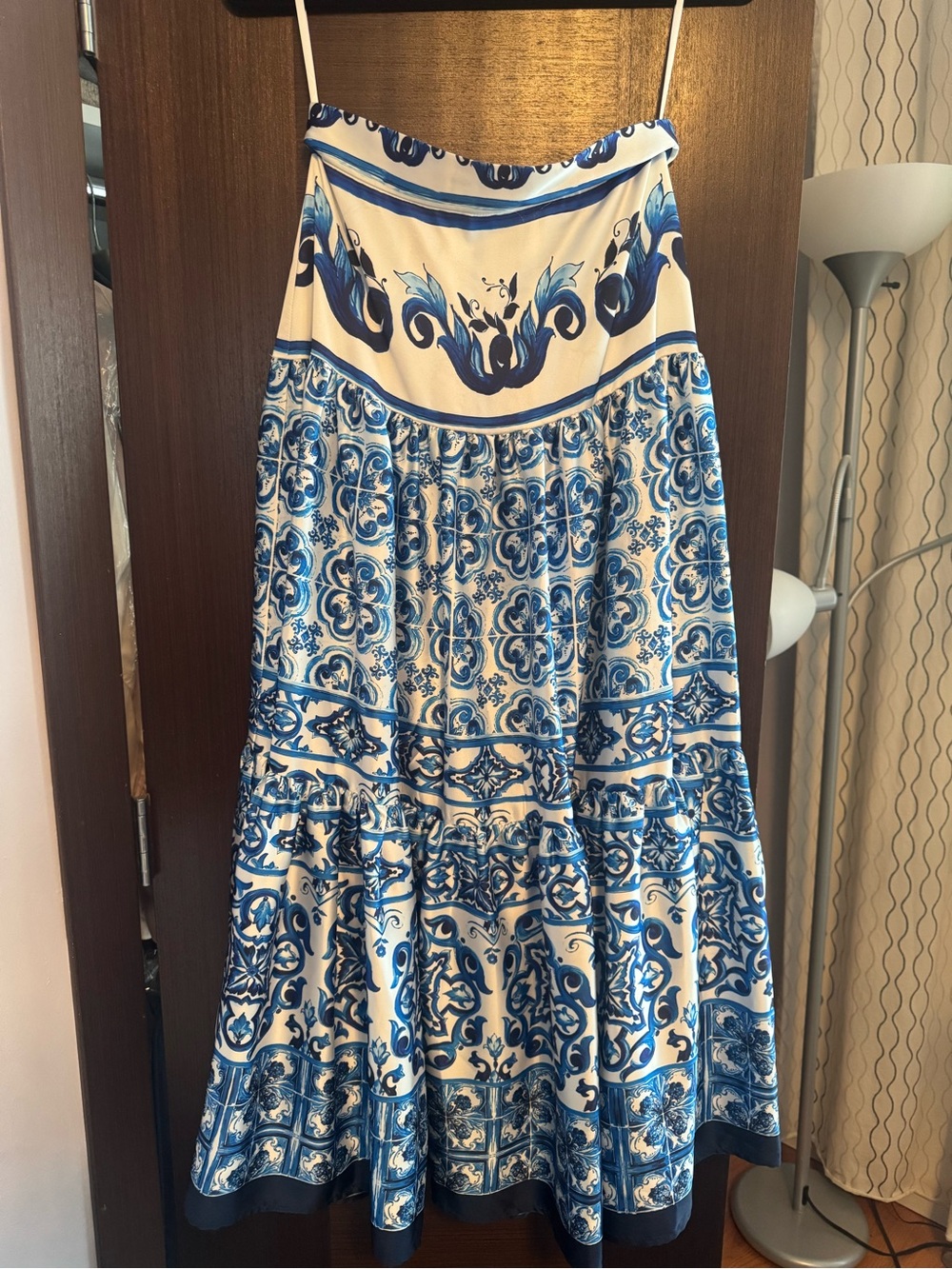 Aleeza Paris Blue and White Printed Maxi Skirt with Tile-Inspired Pattern